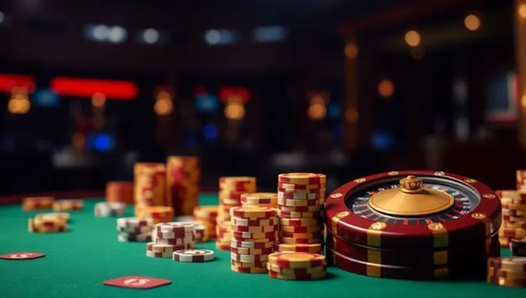 Stylized graphic of slot machine reels with various symbols